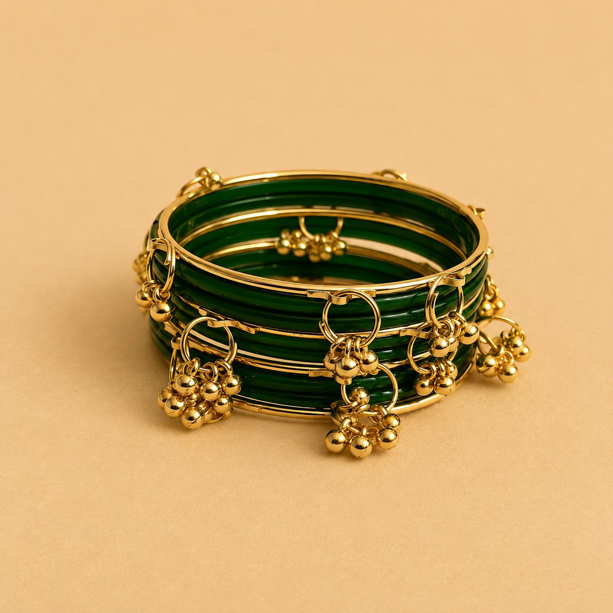 Emerald Green Gold-Work Dangler Bangles Set