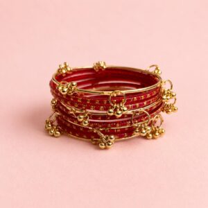 Red Gold-Work Dangler Bangles Set (Wide)
