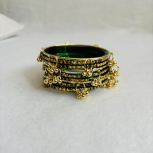 Bottle Green Gold-Work Dangler Bangles Set