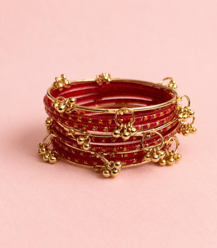 Red Gold-Work Dangler Bangles Set (Wide)